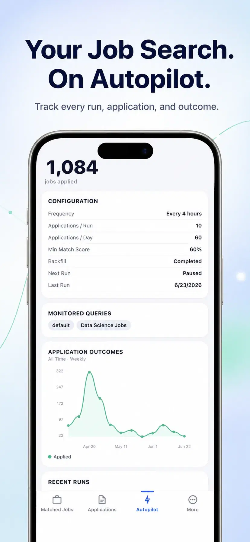 Autopilot configuration on iPhone showing run frequency, applications per run, applications per day, and a minimum match score of 60 percent