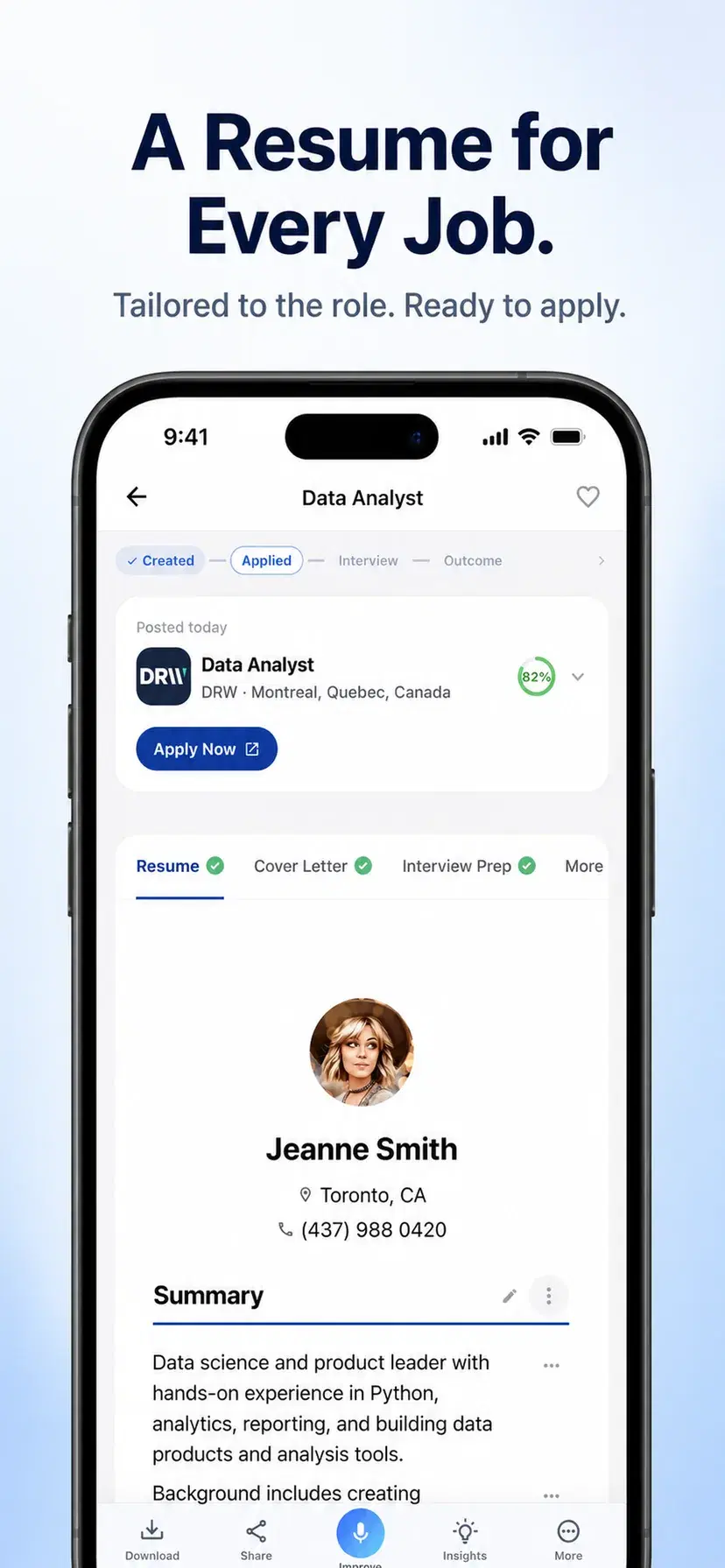 A job-specific tailored resume in the Resumly iPhone app
