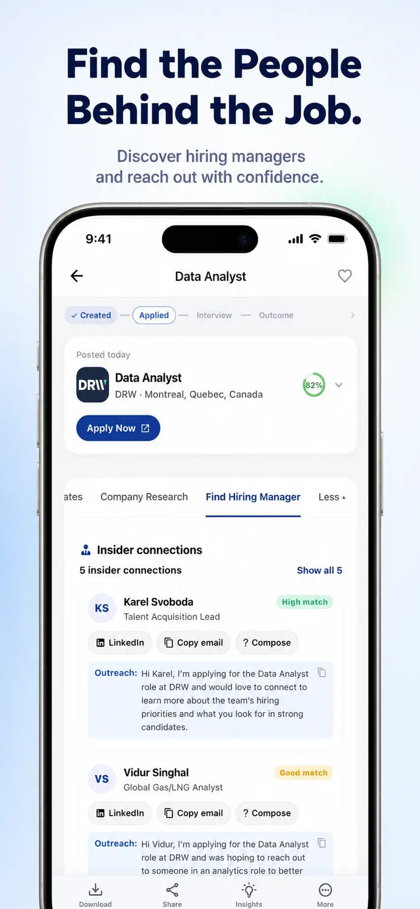 A job detail screen on iPhone showing an 82 percent match for a Data Analyst role, with a Find Hiring Manager tab listing insider connections and a drafted outreach message