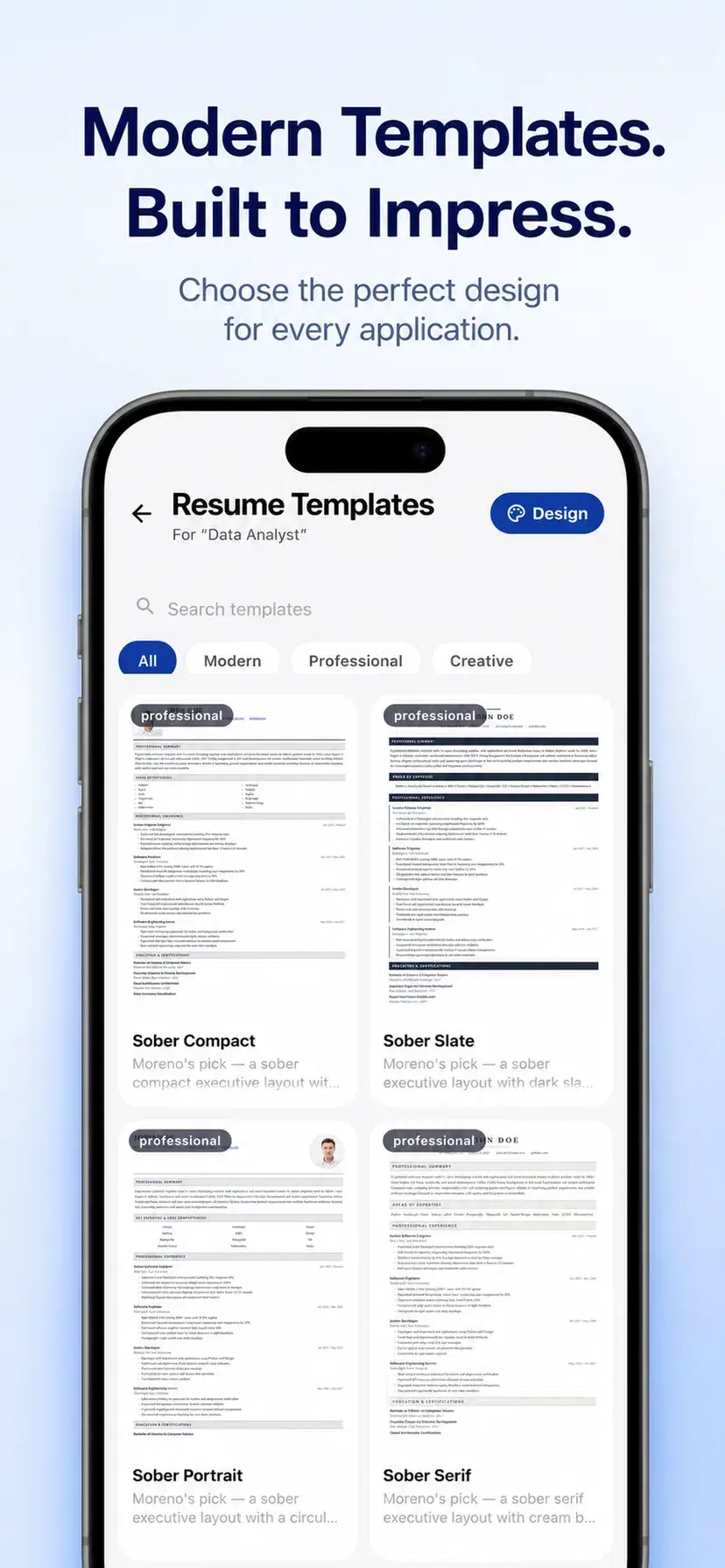 Resume template picker on iPhone showing modern, professional and creative designs