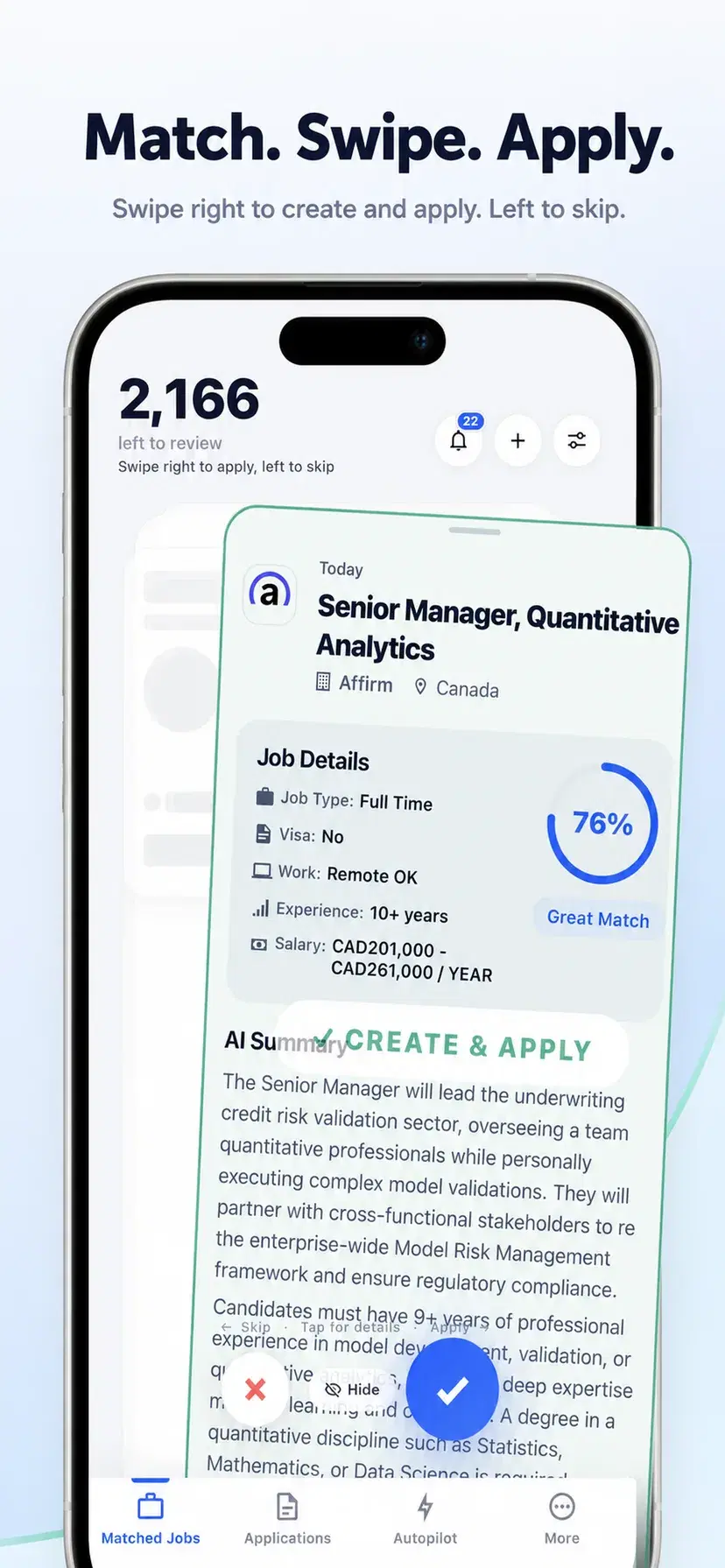 The Resumly matched-jobs deck on an iPhone, showing 2,166 roles left to review and a job card with a 76 percent match