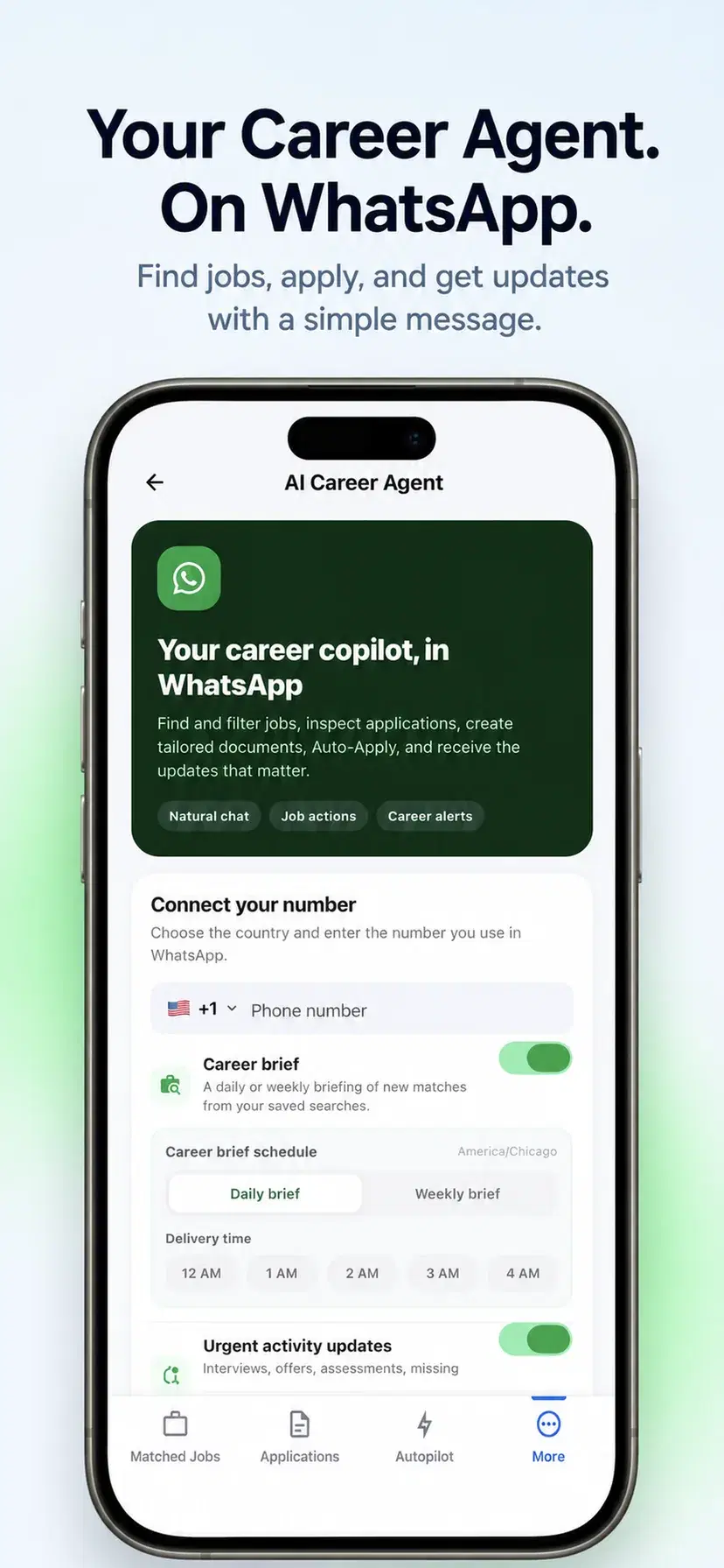 The Resumly AI career agent screen on iPhone, where you connect the WhatsApp number you already use